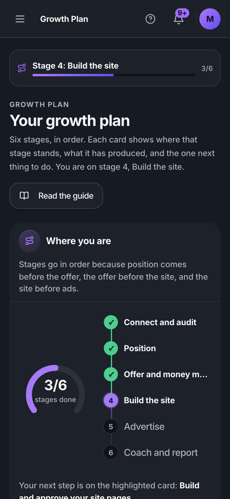 The Prime Signal growth plan, showing six stages with the current stage expanded and the next action named.